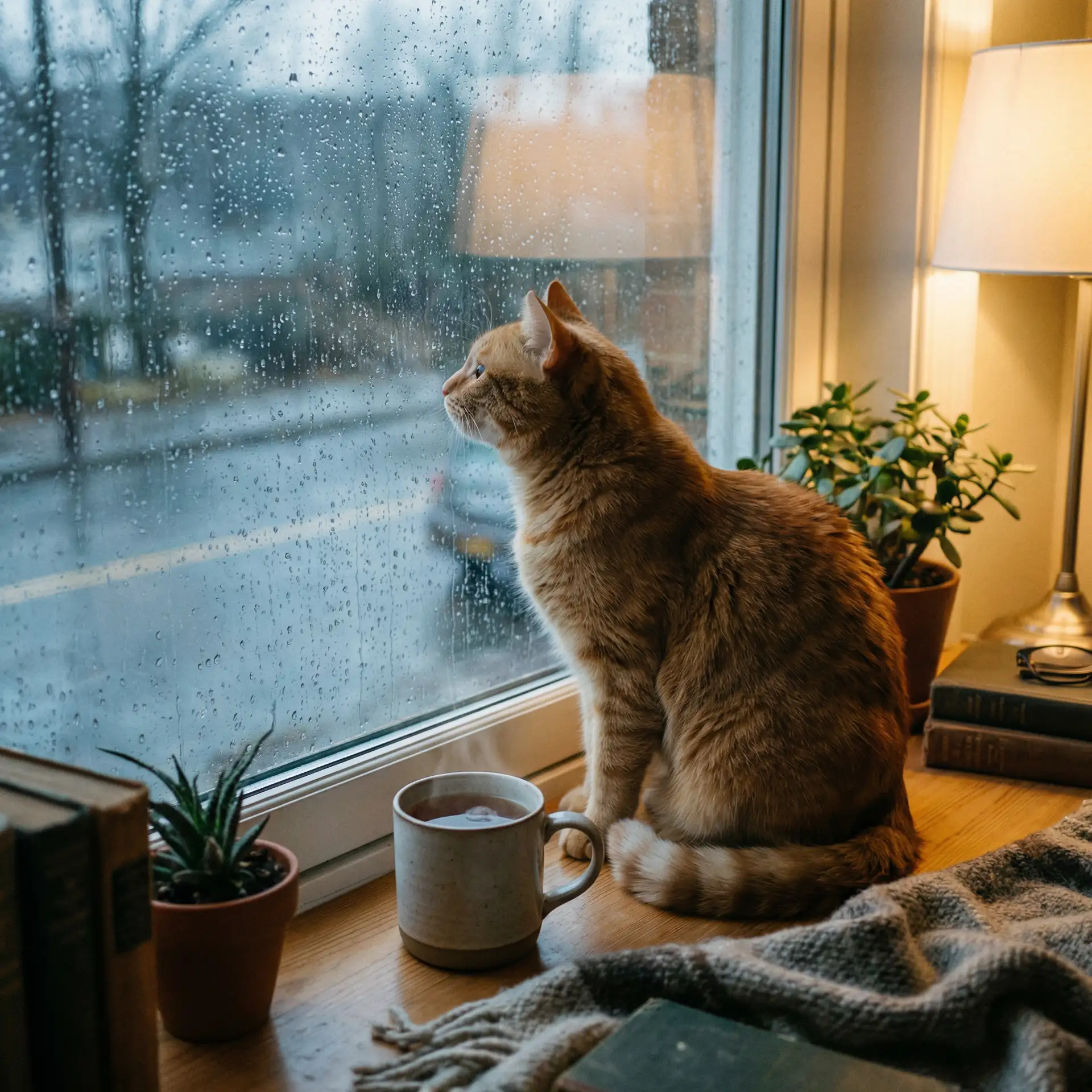 猫咪望着窗外的雨 - xiaav.cn